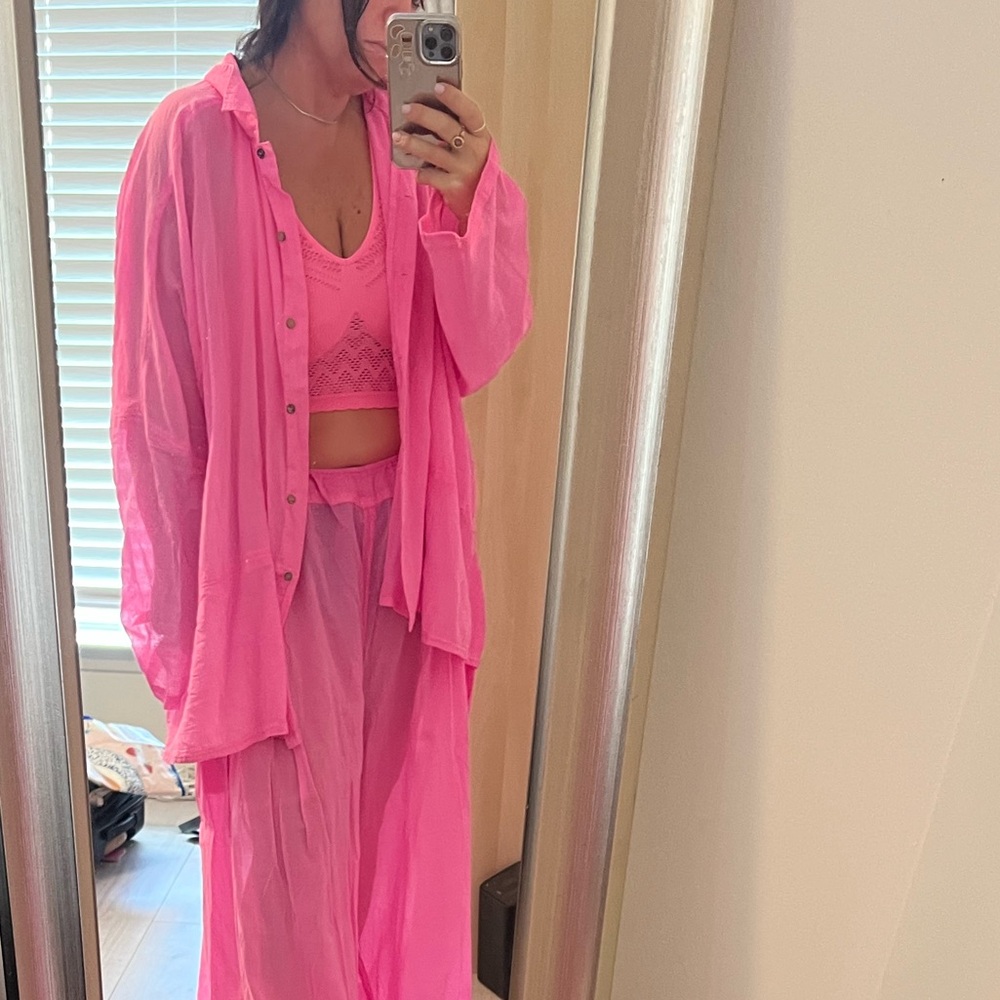 Free People Bright Pink Button Up